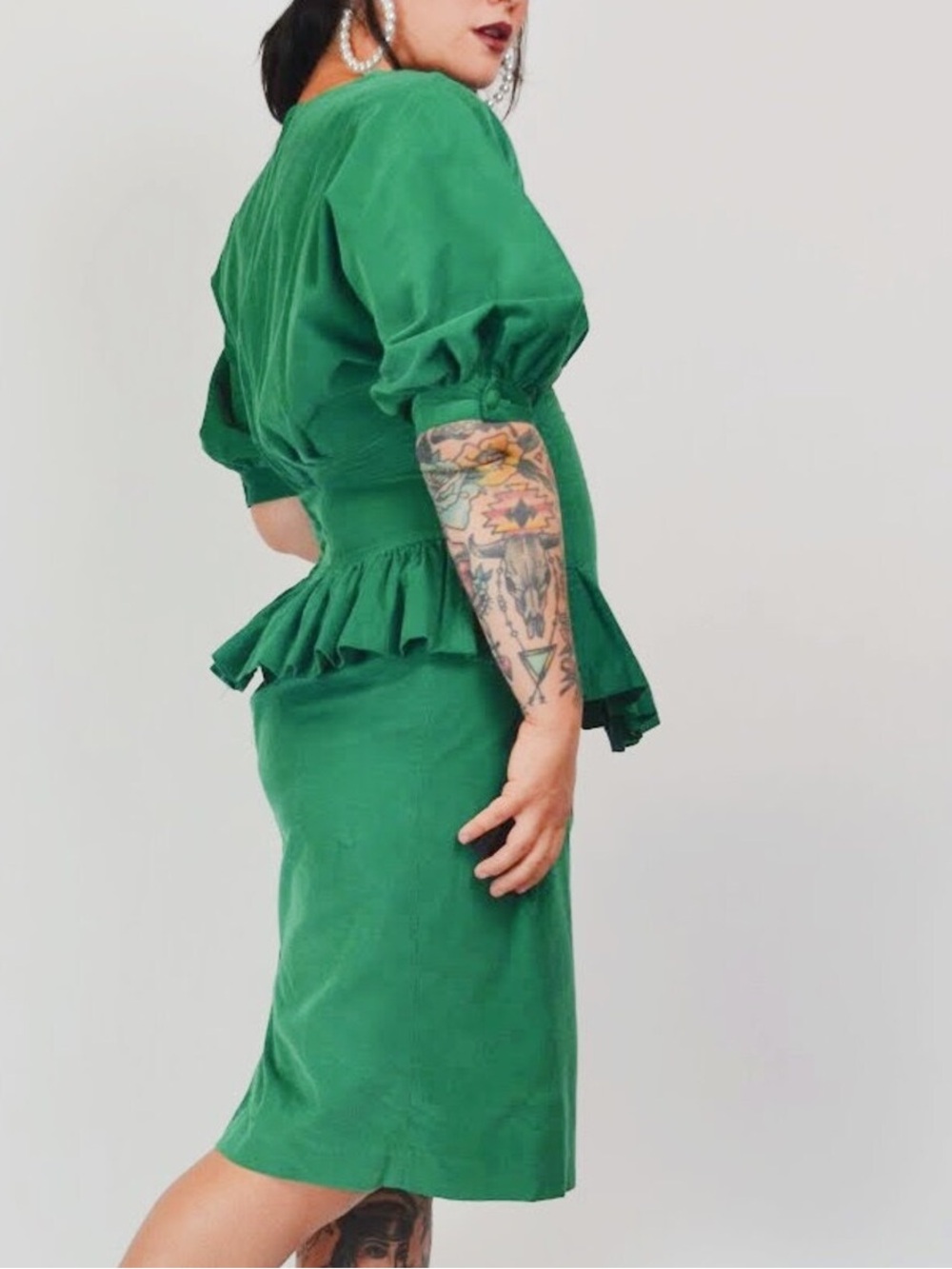 1980 80s Vintage corduroy Emerald Green Peplum Midi Dress - Picture 2 of 2